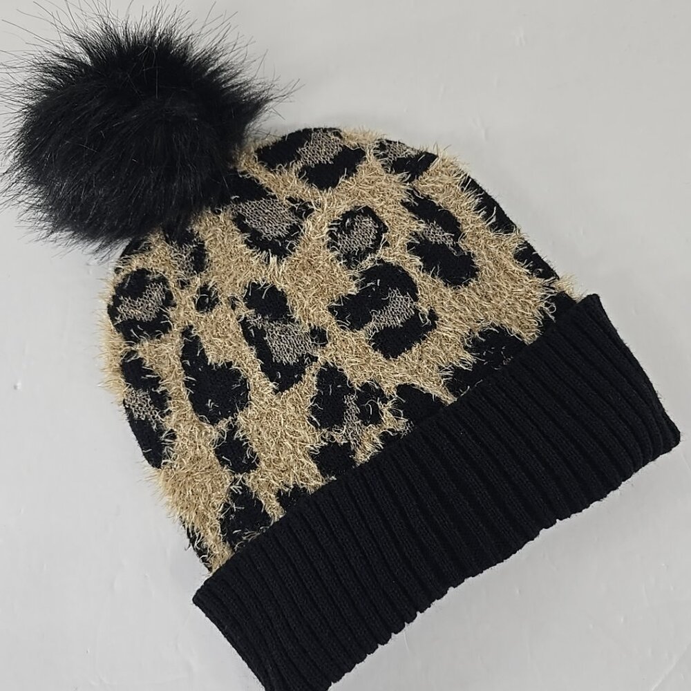 EXPRESS Furry Cheetah Print Beanie Winter Hat BLACK TAN BEIGE ONE SIZE FAUX FUR.